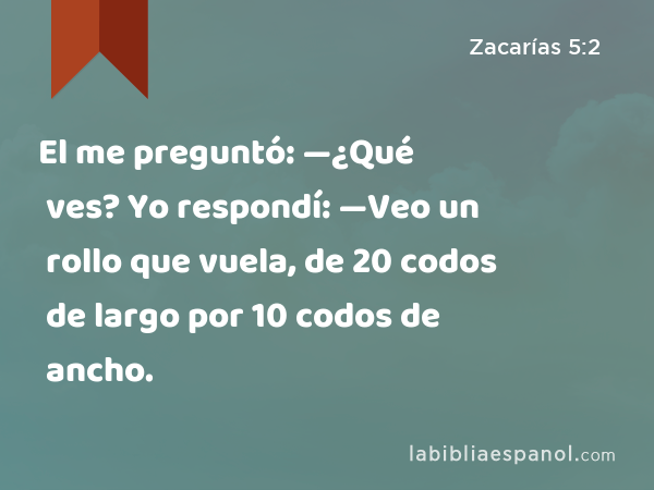 El me preguntó: —¿Qué ves? Yo respondí: —Veo un rollo que vuela, de 20 codos de largo por 10 codos de ancho. - Zacarías 5:2